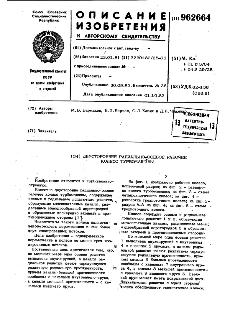 Двухстороннее радиально-осевое рабочее колесо турбомашины. Советский патент  1982 года SU 962664 A1. Изобретение по МКП F01D5/04 F04D29/28 .