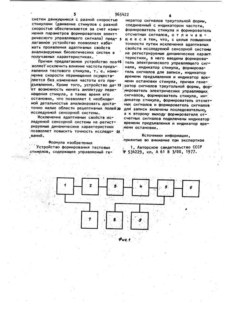 Устройство формирования тестовых стимулов. Советский патент 1982 года SU  965422 A1. Изобретение по МКП A61B5/00 A61B3/00 .