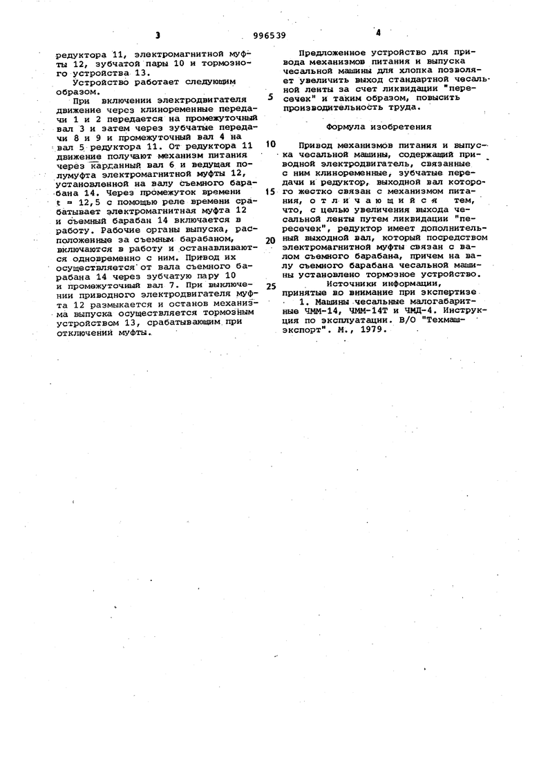 Привод механизмов питания и выпуска чесальной машины. Советский патент 1983  года SU 996539 A1. Изобретение по МКП D01G15/16 .